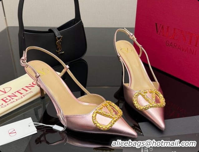 Duplicate Valentino VLogo Signature Slingbacks Pump 8.5cm in Laminated Nappa Leather with Pearls and Strass Pink 1215075
