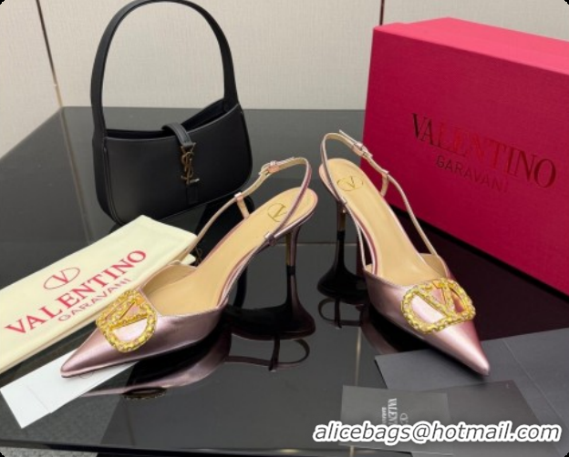 Duplicate Valentino VLogo Signature Slingbacks Pump 8.5cm in Laminated Nappa Leather with Pearls and Strass Pink 1215075