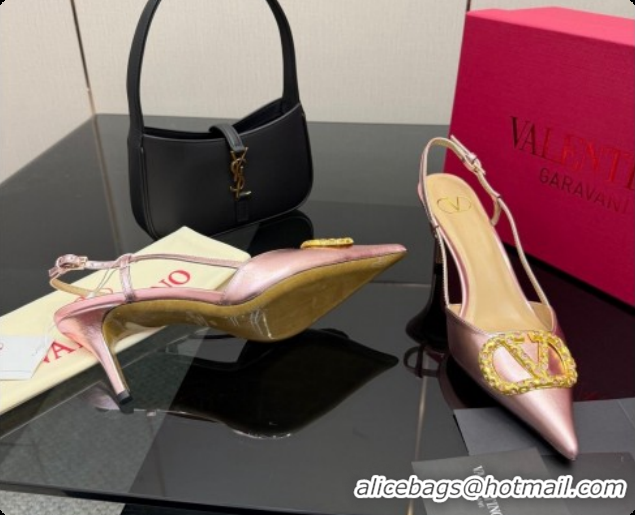 Duplicate Valentino VLogo Signature Slingbacks Pump 8.5cm in Laminated Nappa Leather with Pearls and Strass Pink 1215075
