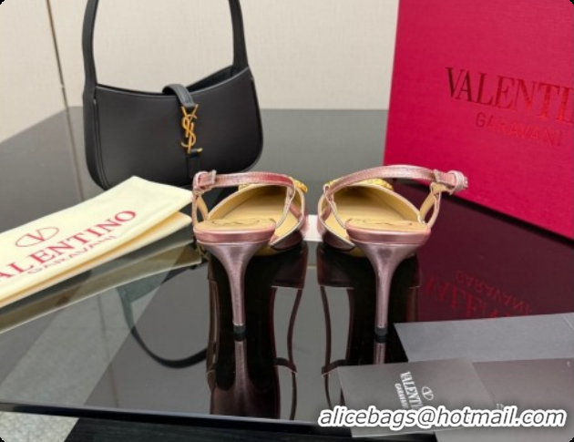 Duplicate Valentino VLogo Signature Slingbacks Pump 8.5cm in Laminated Nappa Leather with Pearls and Strass Pink 1215075