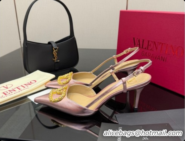 Duplicate Valentino VLogo Signature Slingbacks Pump 8.5cm in Laminated Nappa Leather with Pearls and Strass Pink 1215075