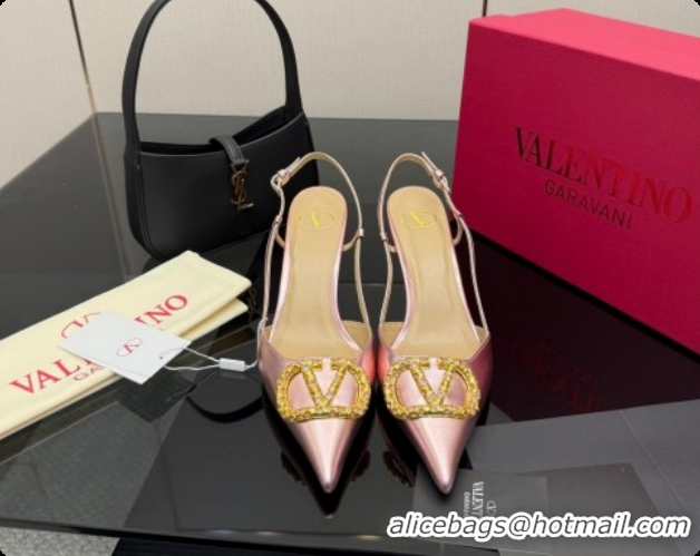 Duplicate Valentino VLogo Signature Slingbacks Pump 8.5cm in Laminated Nappa Leather with Pearls and Strass Pink 1215075