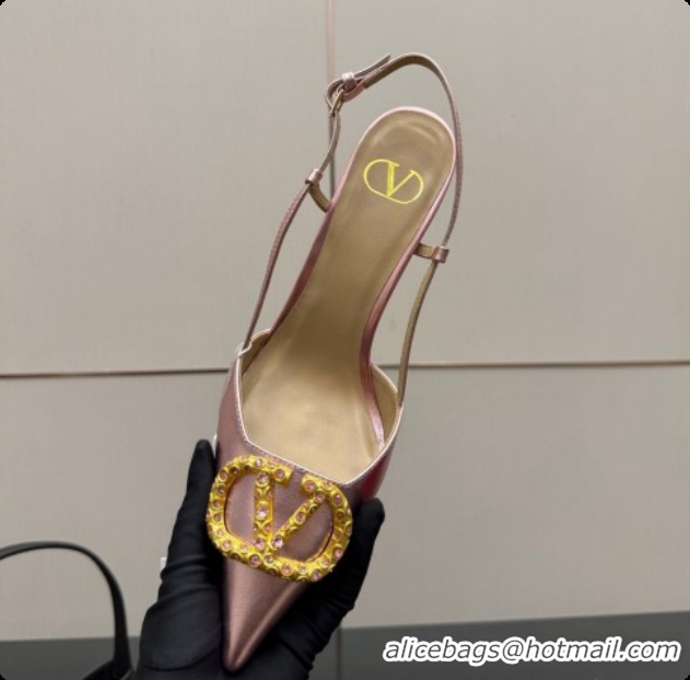Duplicate Valentino VLogo Signature Slingbacks Pump 8.5cm in Laminated Nappa Leather with Pearls and Strass Pink 1215075