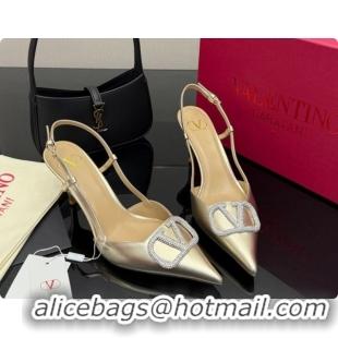 Buy Luxury Valentino VLogo Signature Slingbacks Pump 8.5cm in Laminated Nappa Leather with Strass Light Gold 1215076