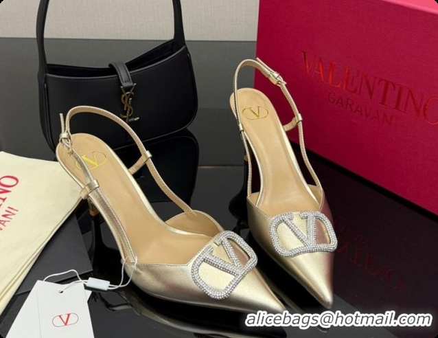 Buy Luxury Valentino VLogo Signature Slingbacks Pump 8.5cm in Laminated Nappa Leather with Strass Light Gold 1215076