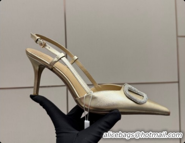 Buy Luxury Valentino VLogo Signature Slingbacks Pump 8.5cm in Laminated Nappa Leather with Strass Light Gold 1215076