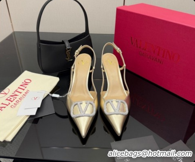 Buy Luxury Valentino VLogo Signature Slingbacks Pump 8.5cm in Laminated Nappa Leather with Strass Light Gold 1215076