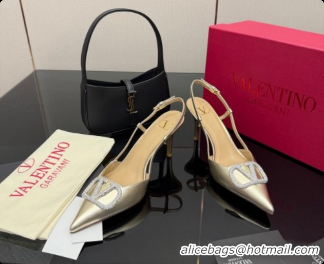 Buy Luxury Valentino VLogo Signature Slingbacks Pump 8.5cm in Laminated Nappa Leather with Strass Light Gold 1215076