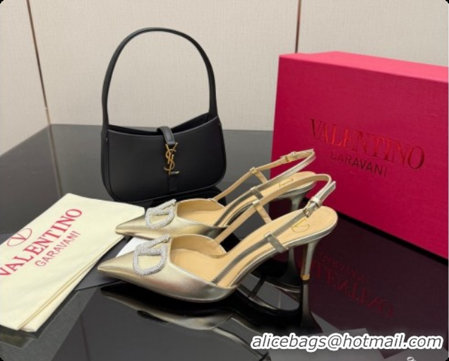 Buy Luxury Valentino VLogo Signature Slingbacks Pump 8.5cm in Laminated Nappa Leather with Strass Light Gold 1215076