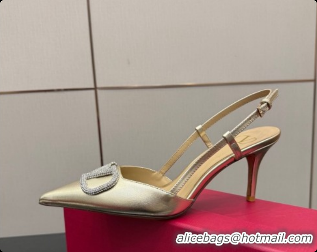 Buy Luxury Valentino VLogo Signature Slingbacks Pump 8.5cm in Laminated Nappa Leather with Strass Light Gold 1215076