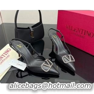 Duplicate Valentino VLogo Signature Slingbacks Pump 8.5cm in Nappa Leather with Strass Black 1215077