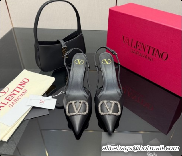Duplicate Valentino VLogo Signature Slingbacks Pump 8.5cm in Nappa Leather with Strass Black 1215077