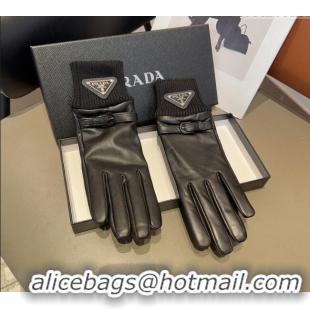 Top Quality Prada Lambskin and Knit Gloves 1022 Black 2024