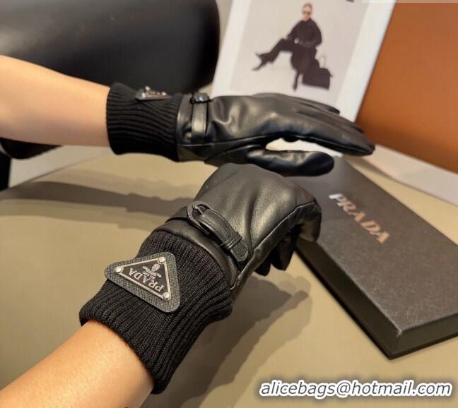 Top Quality Prada Lambskin and Knit Gloves 1022 Black 2024