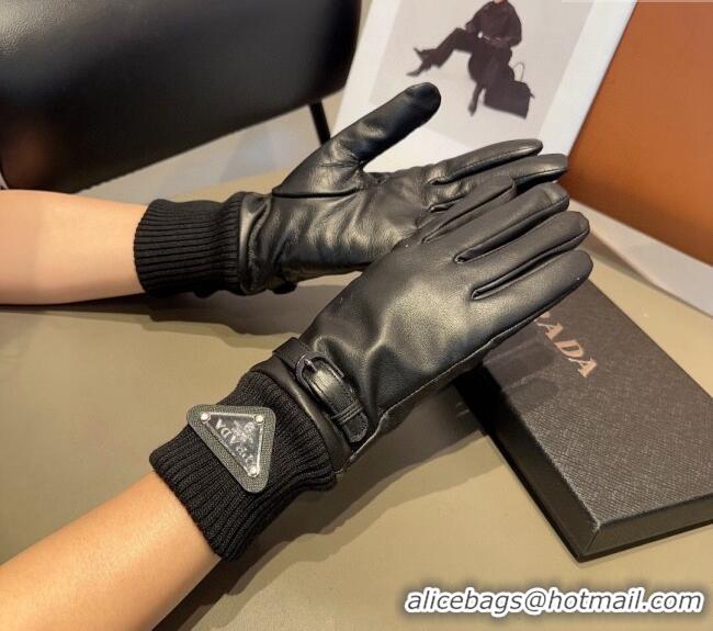 Top Quality Prada Lambskin and Knit Gloves 1022 Black 2024