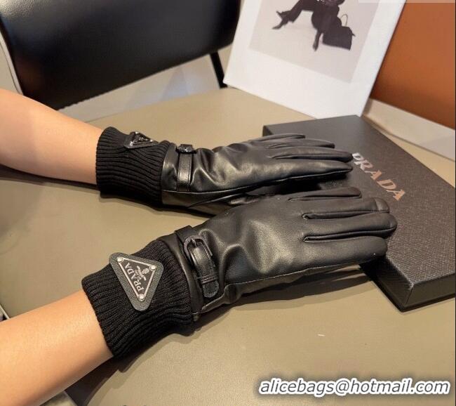 Top Quality Prada Lambskin and Knit Gloves 1022 Black 2024