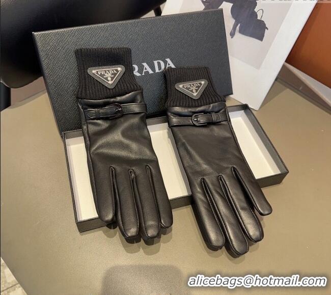 Top Quality Prada Lambskin and Knit Gloves 1022 Black 2024