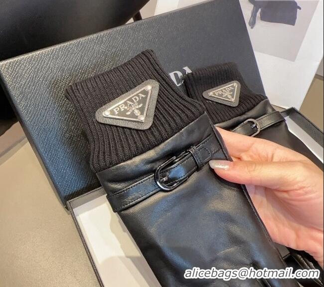 Top Quality Prada Lambskin and Knit Gloves 1022 Black 2024