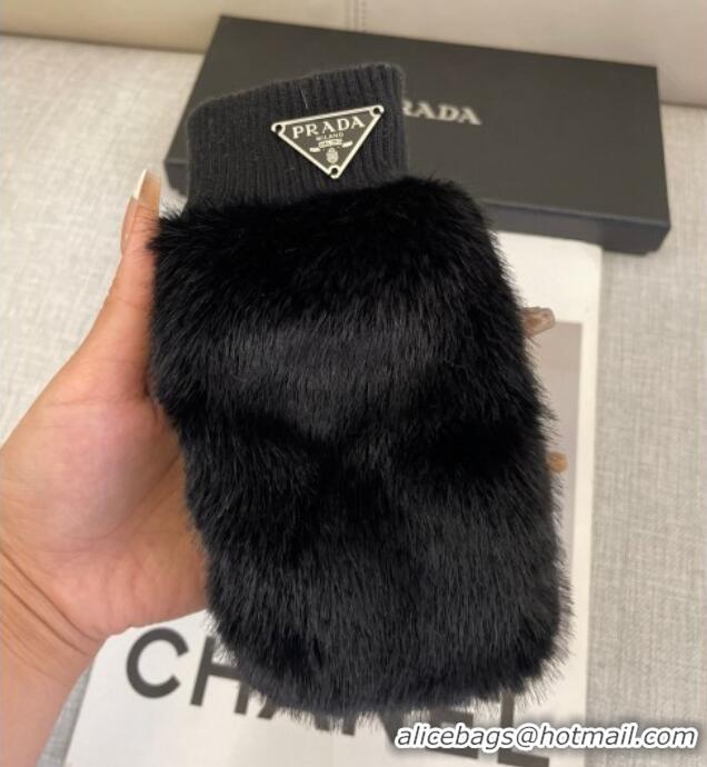 Luxury Discount Prada Wool and MinkFur-Like Gloves 1129 Black 2024
