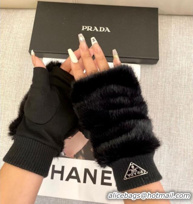 Luxury Discount Prada Wool and MinkFur-Like Gloves 1129 Black 2024