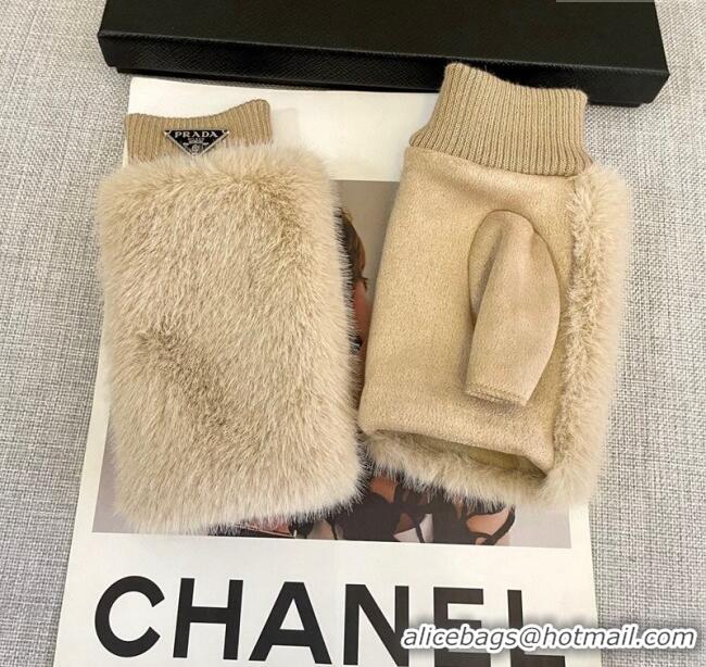 Trendy Design Prada Wool and MinkFur-Like Gloves 1129 Beige 2024