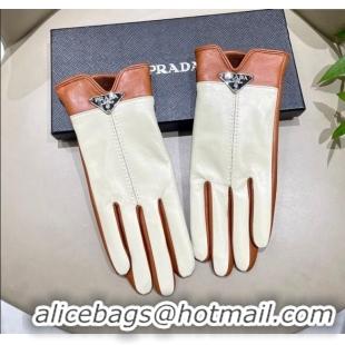 Top Quality Prada Lambskin Gloves 1111 White/Brown 2025
