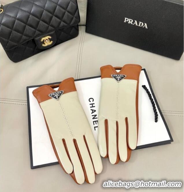Top Quality Prada Lambskin Gloves 1111 White/Brown 2025