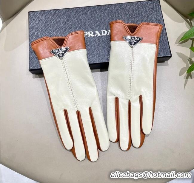 Top Quality Prada Lambskin Gloves 1111 White/Brown 2025