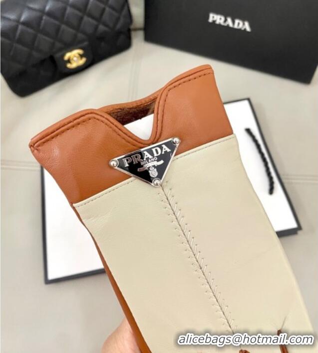 Top Quality Prada Lambskin Gloves 1111 White/Brown 2025
