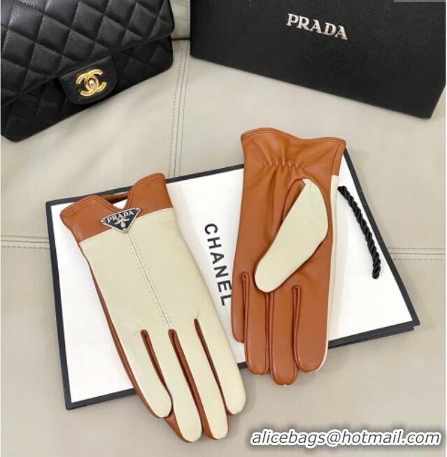 Top Quality Prada Lambskin Gloves 1111 White/Brown 2025