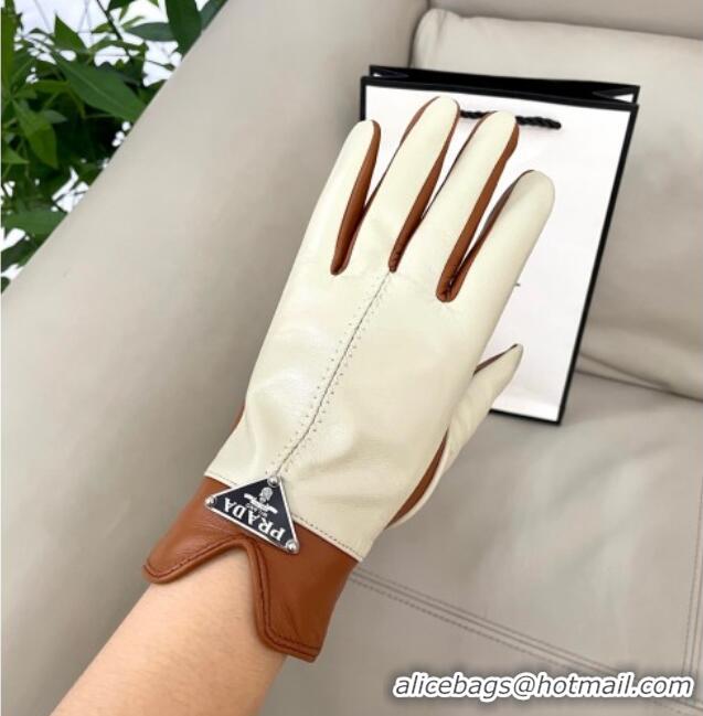 Top Quality Prada Lambskin Gloves 1111 White/Brown 2025