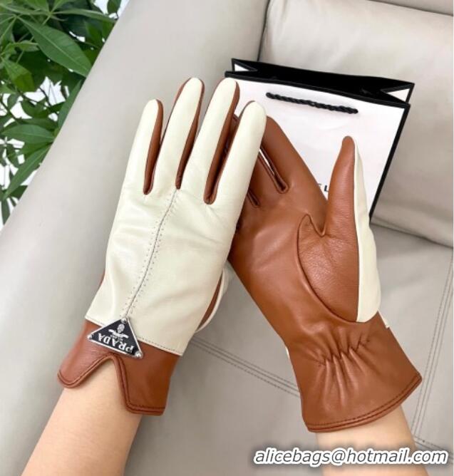 Top Quality Prada Lambskin Gloves 1111 White/Brown 2025