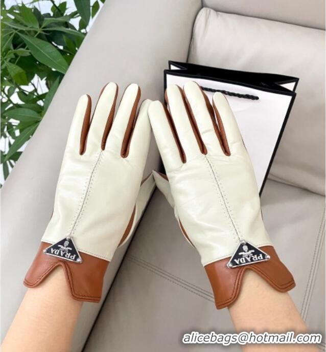 Top Quality Prada Lambskin Gloves 1111 White/Brown 2025