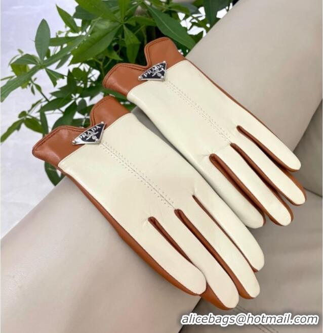 Top Quality Prada Lambskin Gloves 1111 White/Brown 2025
