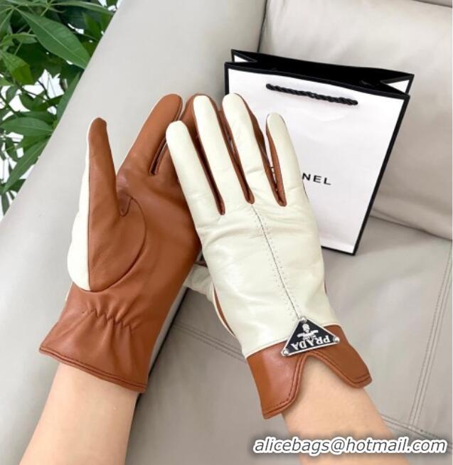 Top Quality Prada Lambskin Gloves 1111 White/Brown 2025