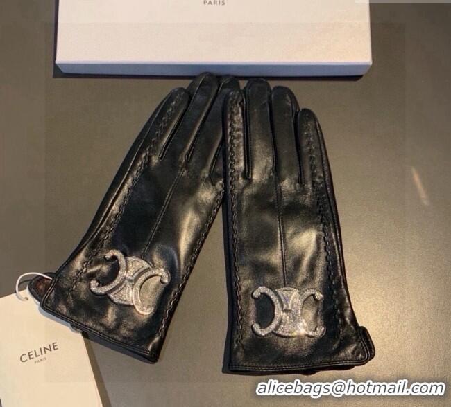 New Design Celine Lambskin and Cashmere Gloves with Strass 1111 Black 2025