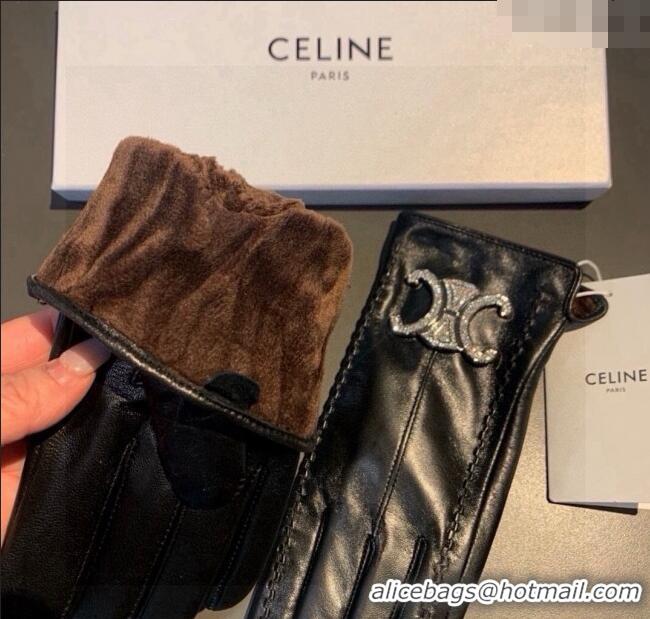 New Design Celine Lambskin and Cashmere Gloves with Strass 1111 Black 2025