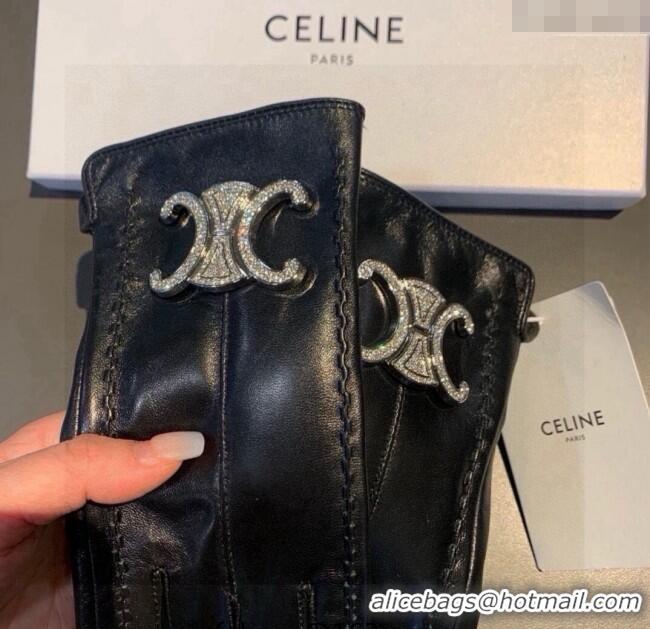 New Design Celine Lambskin and Cashmere Gloves with Strass 1111 Black 2025