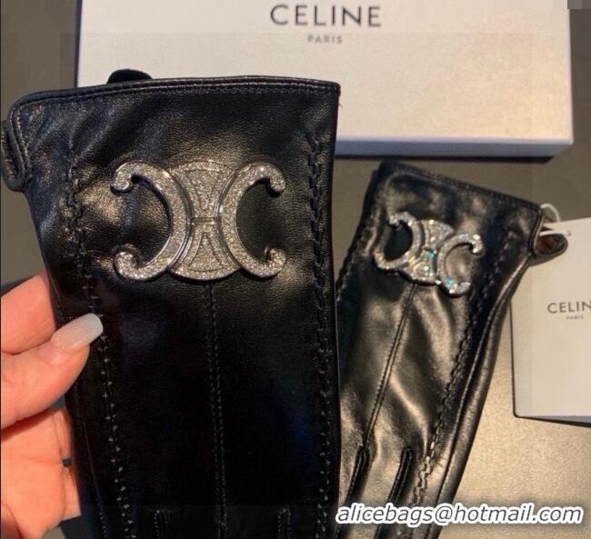 New Design Celine Lambskin and Cashmere Gloves with Strass 1111 Black 2025