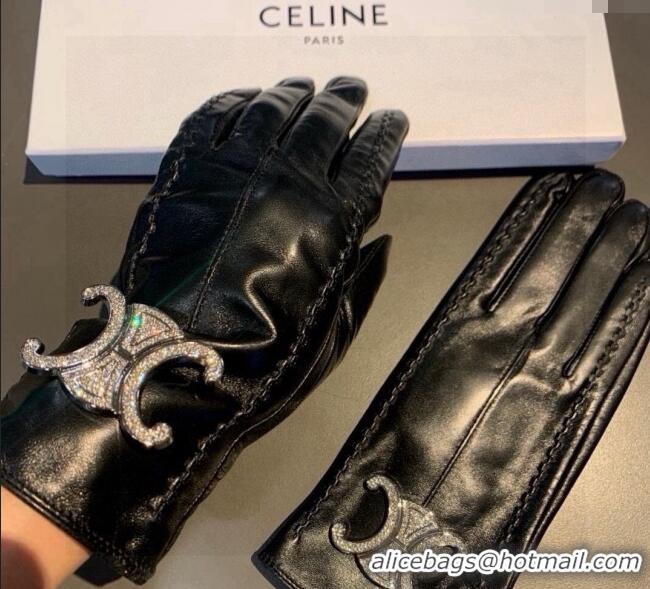 New Design Celine Lambskin and Cashmere Gloves with Strass 1111 Black 2025