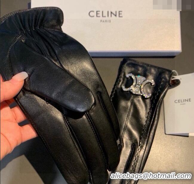 New Design Celine Lambskin and Cashmere Gloves with Strass 1111 Black 2025