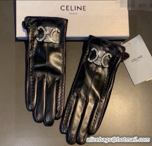 New Design Celine Lambskin and Cashmere Gloves with Strass 1111 Black 2025