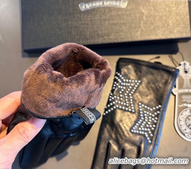 Luxury Cheap Chrome Hearts Lambskin and Cashmere Gloves with Studded Star 0111 Black 2024