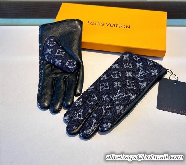 Famous Brand Louis Vuitton Monogram Denim and Leather Gloves 1023 Deep Blue 2024