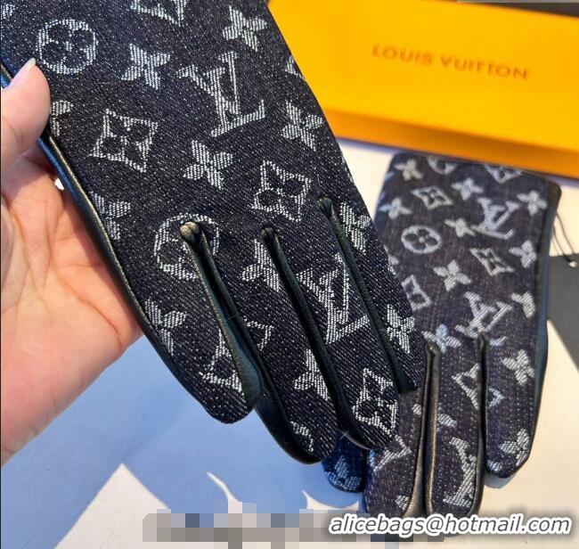 Famous Brand Louis Vuitton Monogram Denim and Leather Gloves 1023 Deep Blue 2024