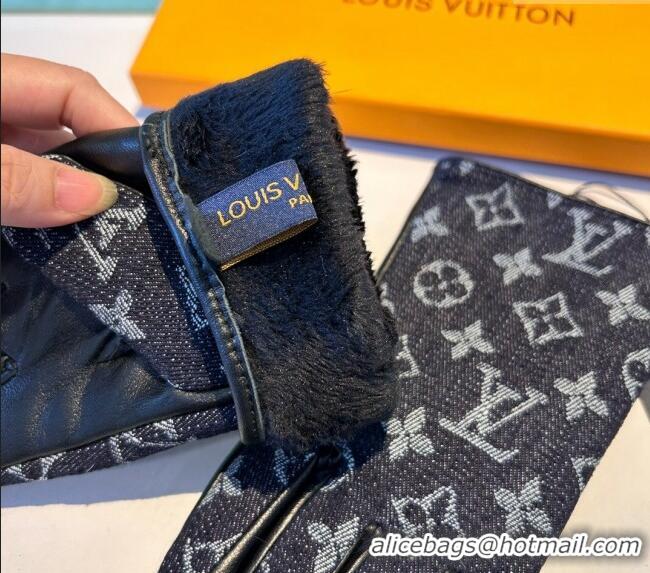 Famous Brand Louis Vuitton Monogram Denim and Leather Gloves 1023 Deep Blue 2024