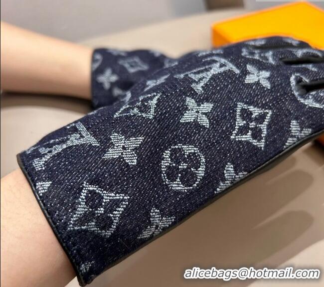 Famous Brand Louis Vuitton Monogram Denim and Leather Gloves 1023 Deep Blue 2024