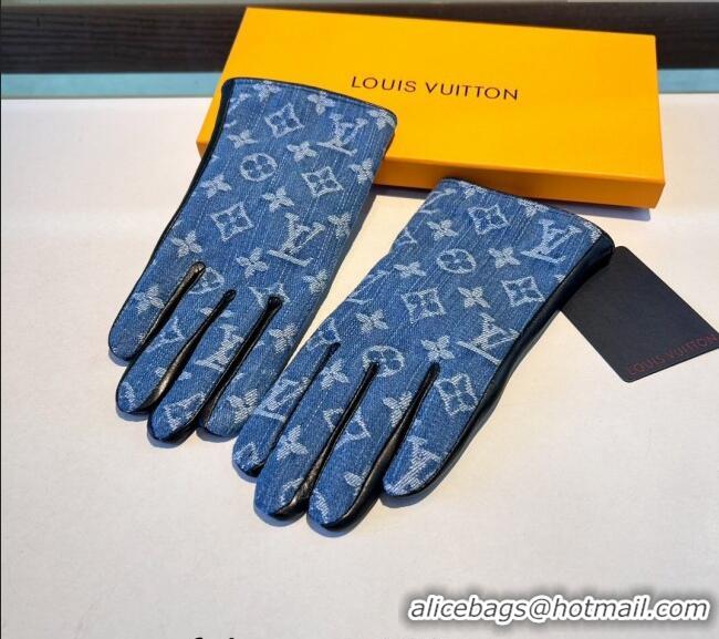 Unique Style Louis Vuitton Monogram Denim and Leather Gloves 1023 Blue 2024