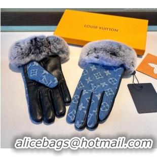 Best Grade Louis Vuitton Fur, Denim and Leather Gloves 1023 Blue 2024