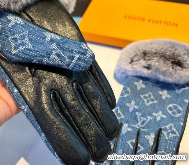 Best Grade Louis Vuitton Fur, Denim and Leather Gloves 1023 Blue 2024